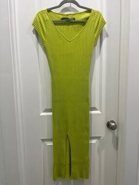 Enza Costa Ribbed Lime Green Short Sleeve Midi Dress Sz M